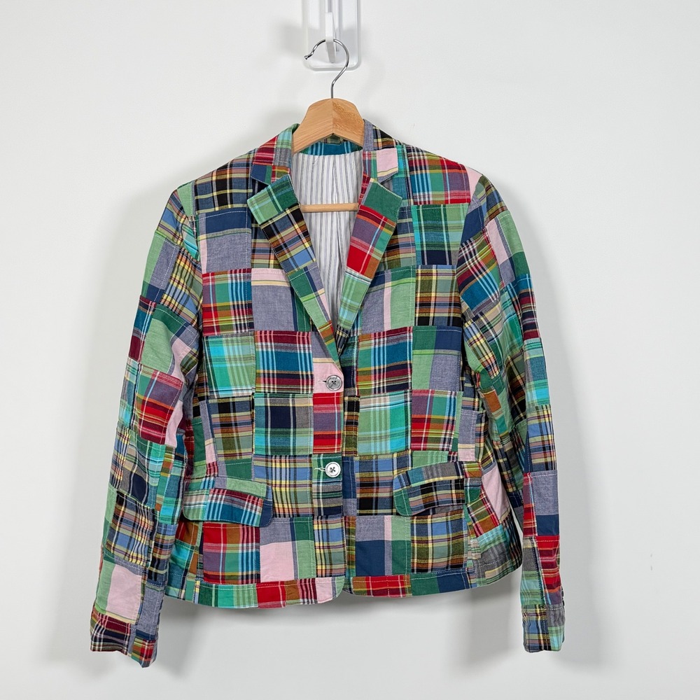 Lands End Patchwork Madras Blazer Womens M Plaid Multi Color Jacket Preppy